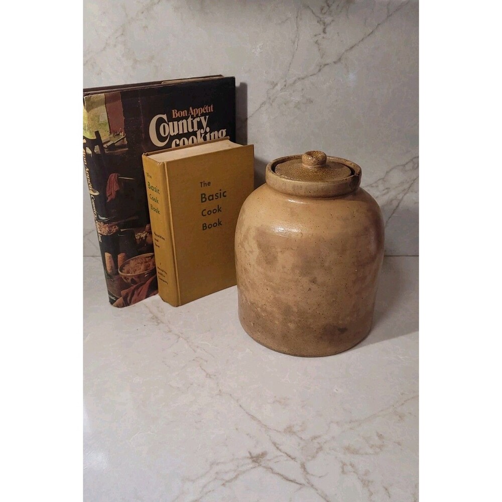 Large Antique American Pottery Crokery Beige Salt Glaze Jar Vase W/lid
